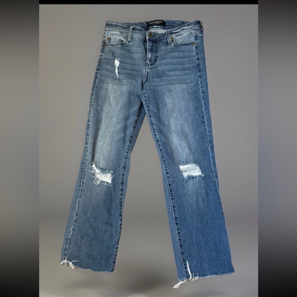 Liverpool Jeans Women's 6/28 Blue Raw Hem Straight Distressed Stretch Denim